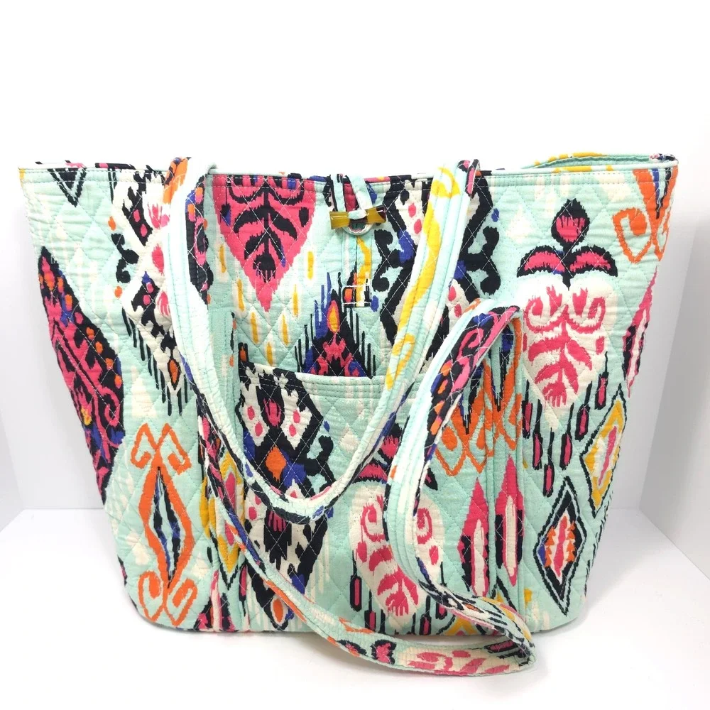 Vera Bradley Pueblo Aztec Ikat Turquoise Quilted Cotton Toggle Villager Tote Bag